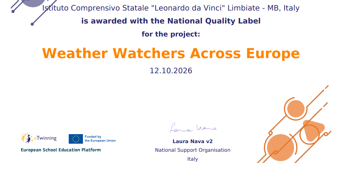 Il progetto eTwinning “Weather Watchers Across Europe” premiato con il Certificato di Qualità!